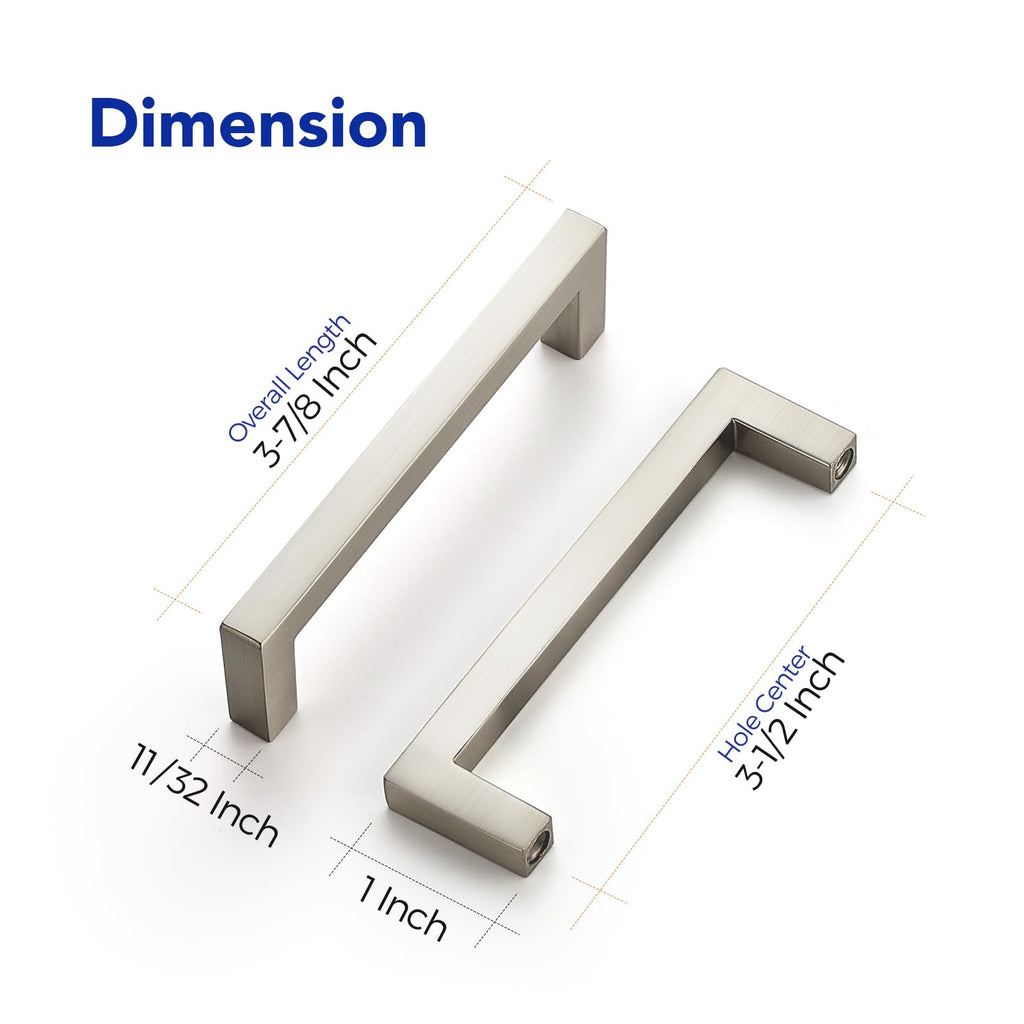 Brushed Nickel Square Solid Cabinet Handles, 3-1/2 Inch, 10 Pack