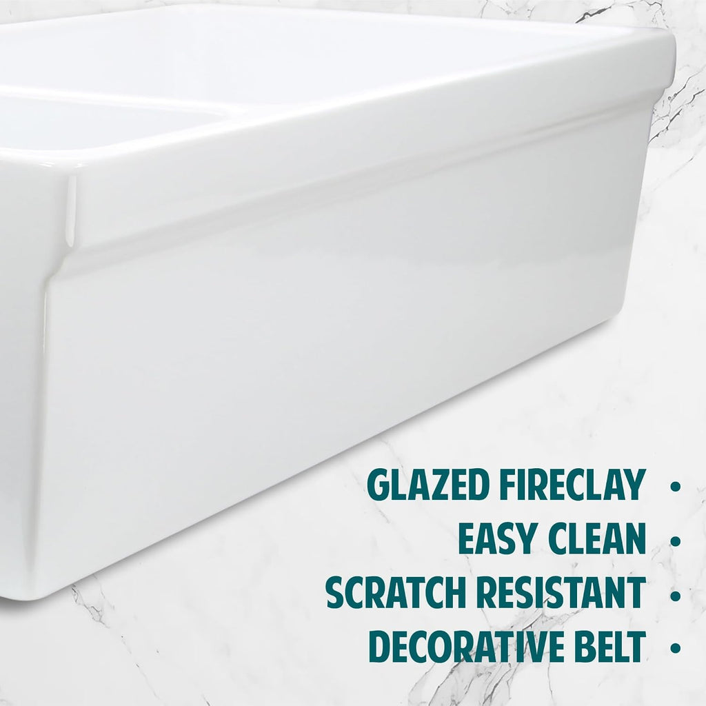 White Farmhouse Sink, 36" Farm Kitchen Sink, Fireclay | Apron Front, 90/10 Double Bowl, Reversible, Undermount, Made