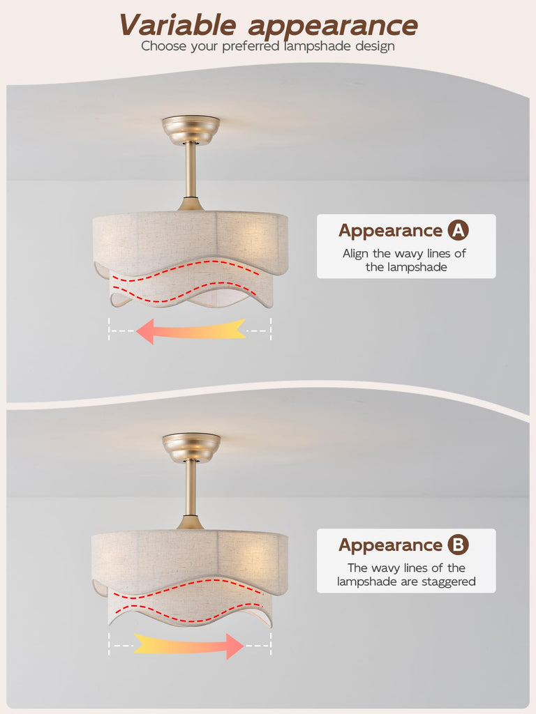 20" Boho Fandelier Ceiling Fans with Lights, Gold Caged Ceiling Fan with Light, Fabric Bladeless Fan with Remote