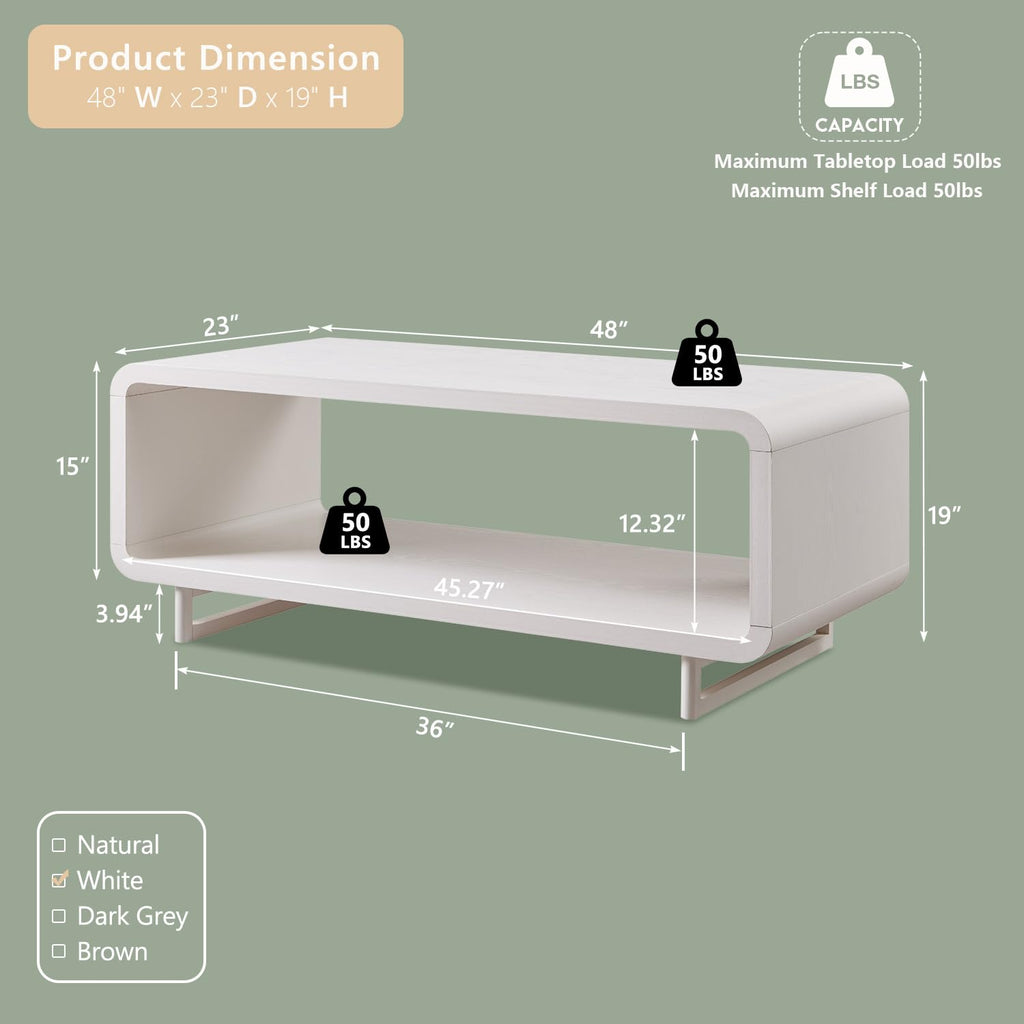 48" Modern Coffee Table, 2-Tier Minimalist Curved Center Table, White