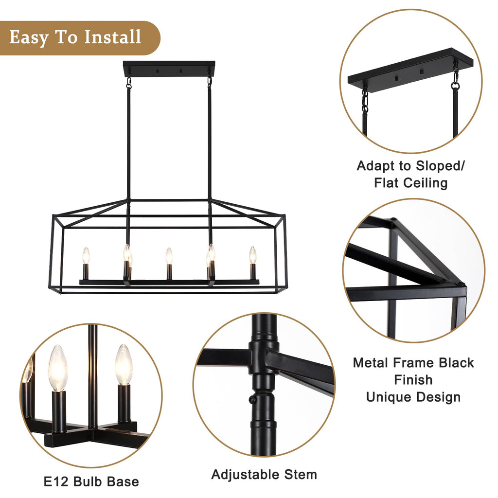 38'' Black Dining Room Light Fixture, 7-Light Rectangle Chandelier, Modern Farmhouse Island Lights, Large