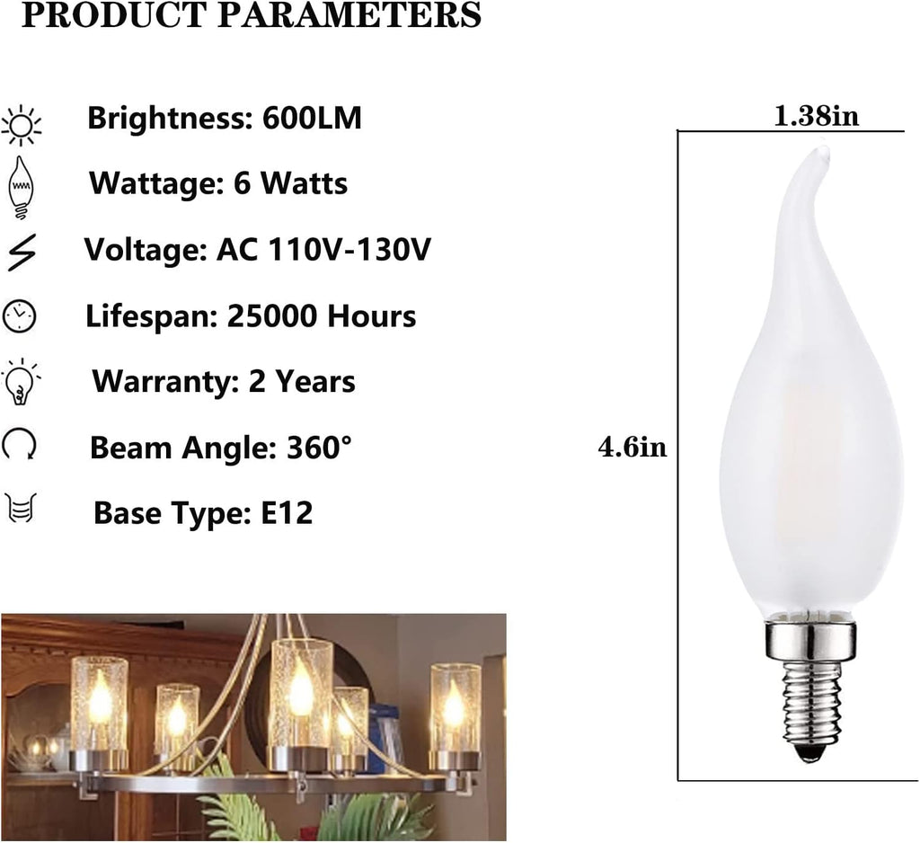 E12 Candelabra Bulb 60 Watt Dimmable Frosted Chandelier Light Bulb