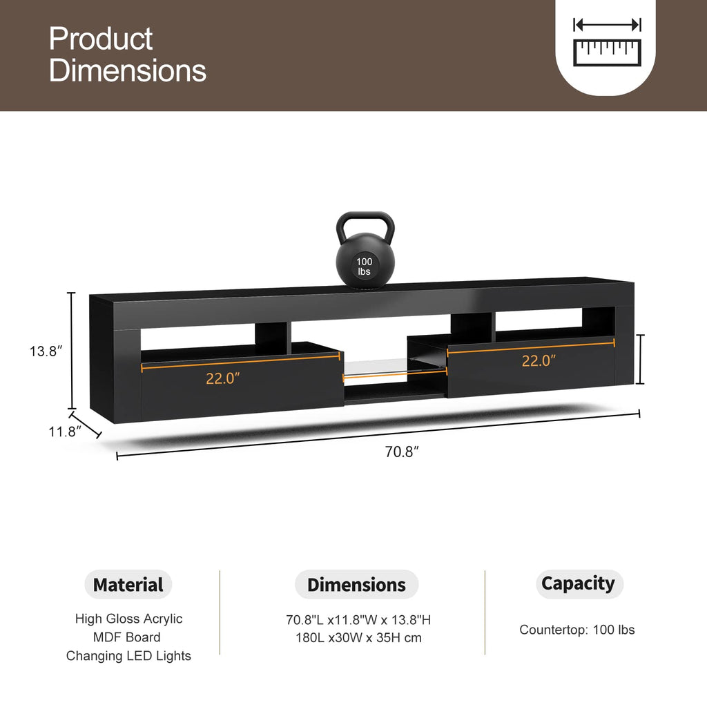 High Gloss LED Floating with 2 Cabinets, Glass Shelf, Black