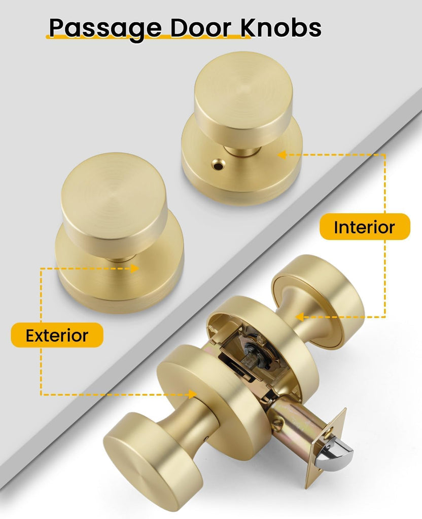 Gold Closet Door Knobs, Zinc Alloy Brushed Gold Passage Door Knob, Interior Door Knob , Closets