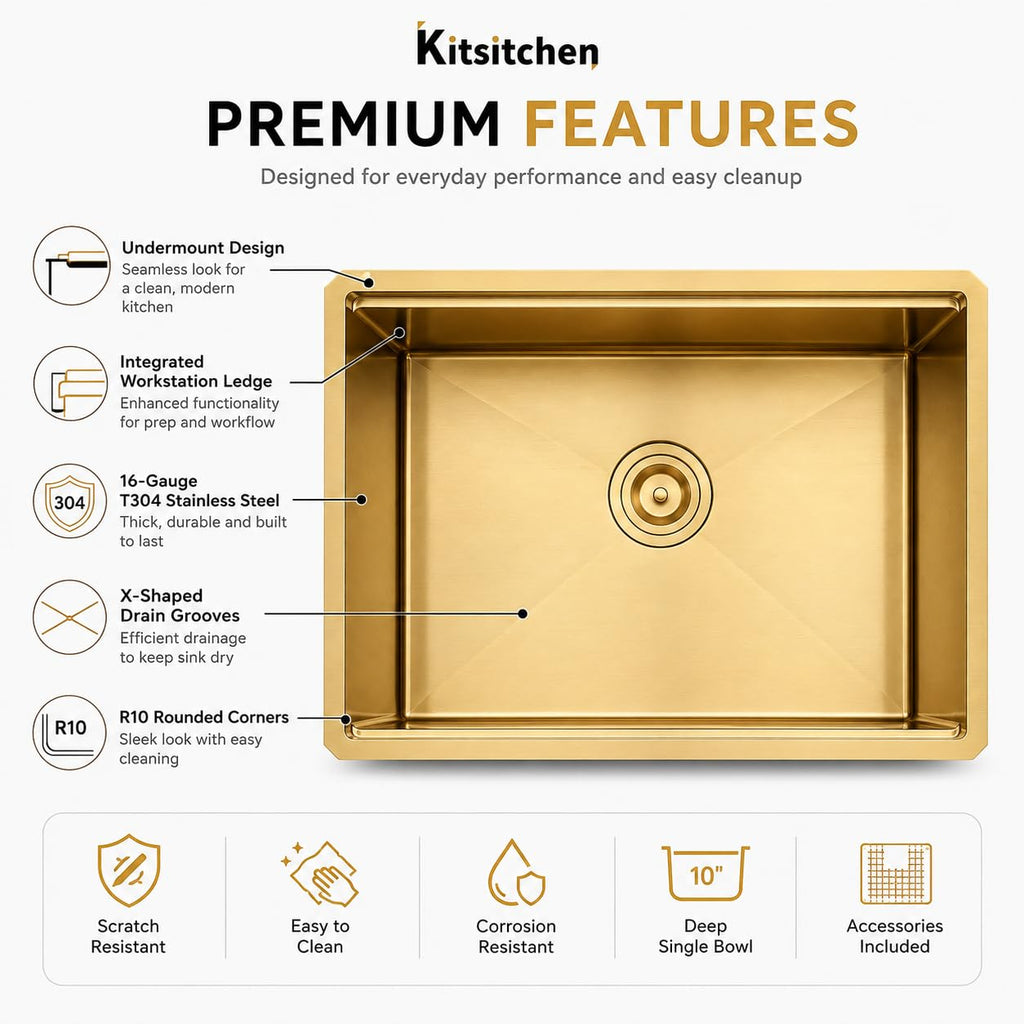 Gold Undermount Kitchen Sink, 32" x 19" x 10", 16 Gauge T304 Stainless Steel Workstation Sink, Deep Single Bowl