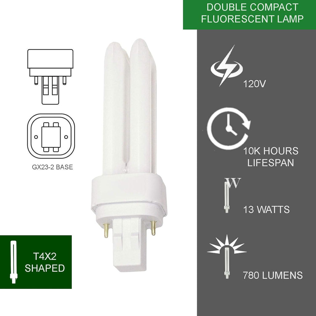 13 Watt CFL Light Bulbs 2 Pin GX23-2 Base 4100K Cool White 13W High Output 800 Lumens Double Tube Compact Fluorescent