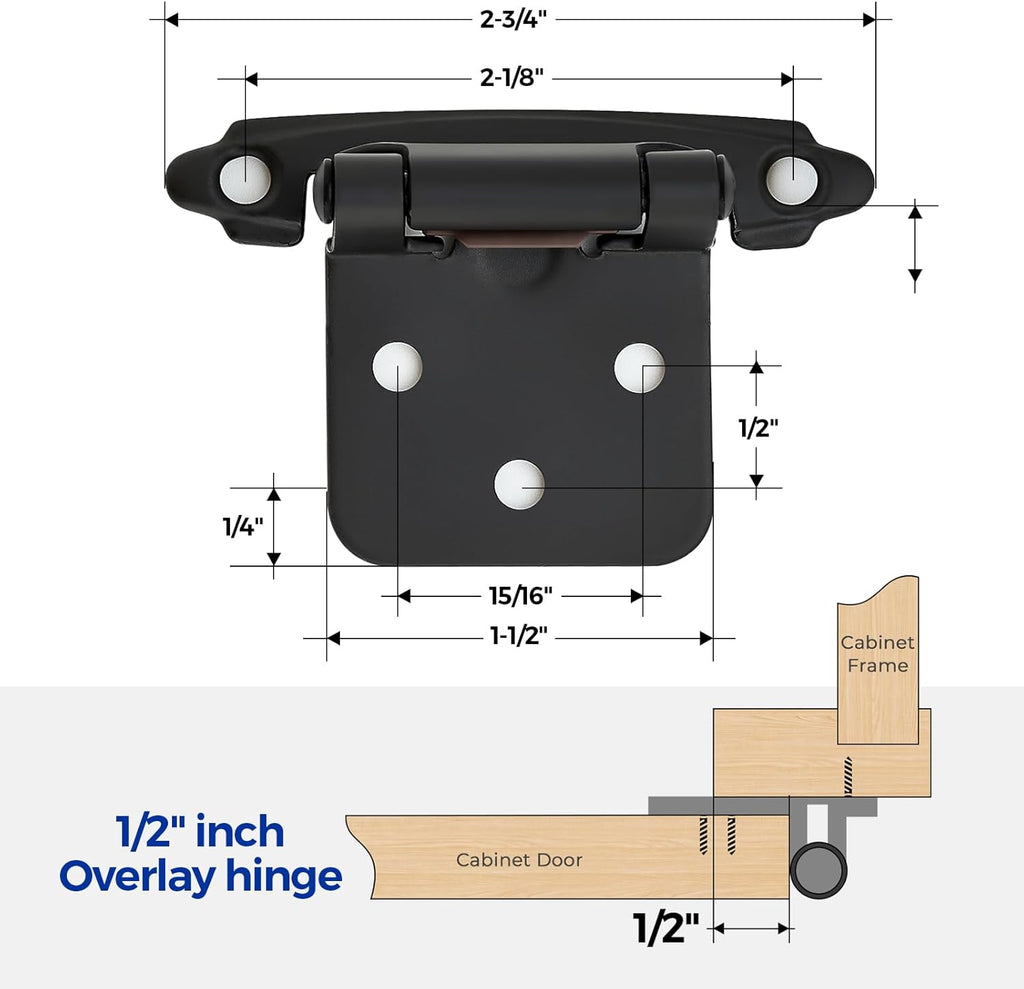 50 Pack 25 Pairs 1/2" Overlay Cabinet Door Hinges Kitchen Black Semi-Concealed Hinges Face Mount Self-Closing Cabinet