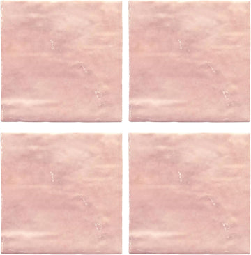 5x5 Glossy Pink Zellige Look Ceramic Wall Tile - Handmade Style Square Field Tile (4 Pieces)
