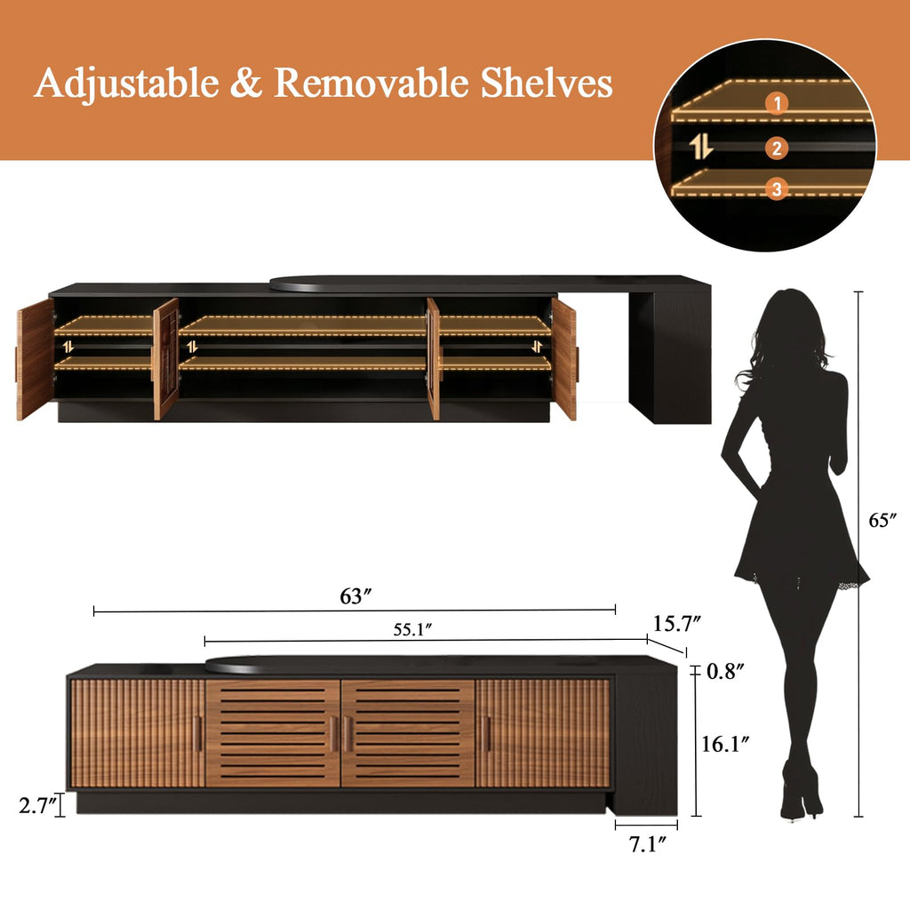 70.1"-100" Mid Century Modern TV Stand for 85" 90" 100" TVs, Extendable TV Stand with 4 Storage Cabinets, Adjustable