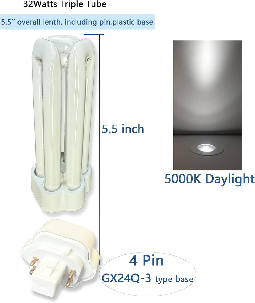 6pack PLT 32W Triple Tube Fluorescent Light Bulb, 5000K Bright White Daylight 4-Pin GX24-3 Type Base,High