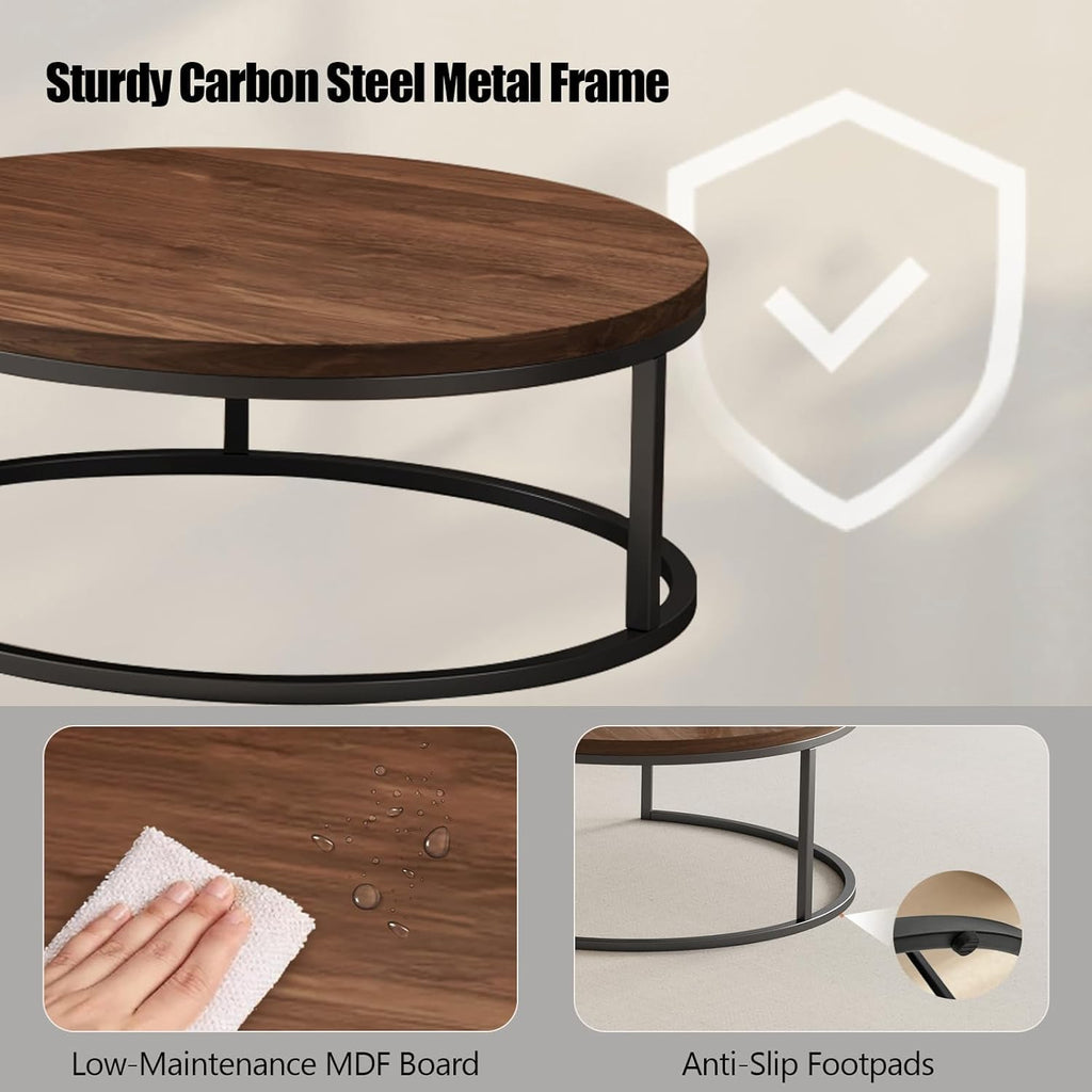 Round Nesting Coffee Set of 2, Modern Minimalist Accent Tables, Stackable Side Tables (Walnut)