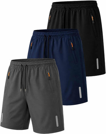 Boys Athletic Shorts Pack, Kids Lightweight Quick Dry Shorts with Zipper Pockets for Basketball, Soccer