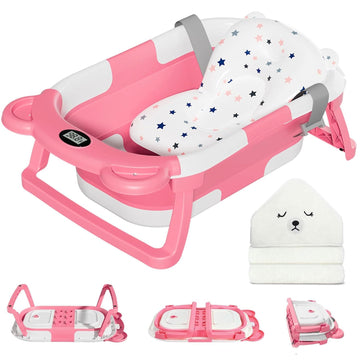 Collapsible Baby Bathtub for Newborn with Thermometer & 1 Hooded Towel & 1 Soft Floating Cushion,Portable Travel