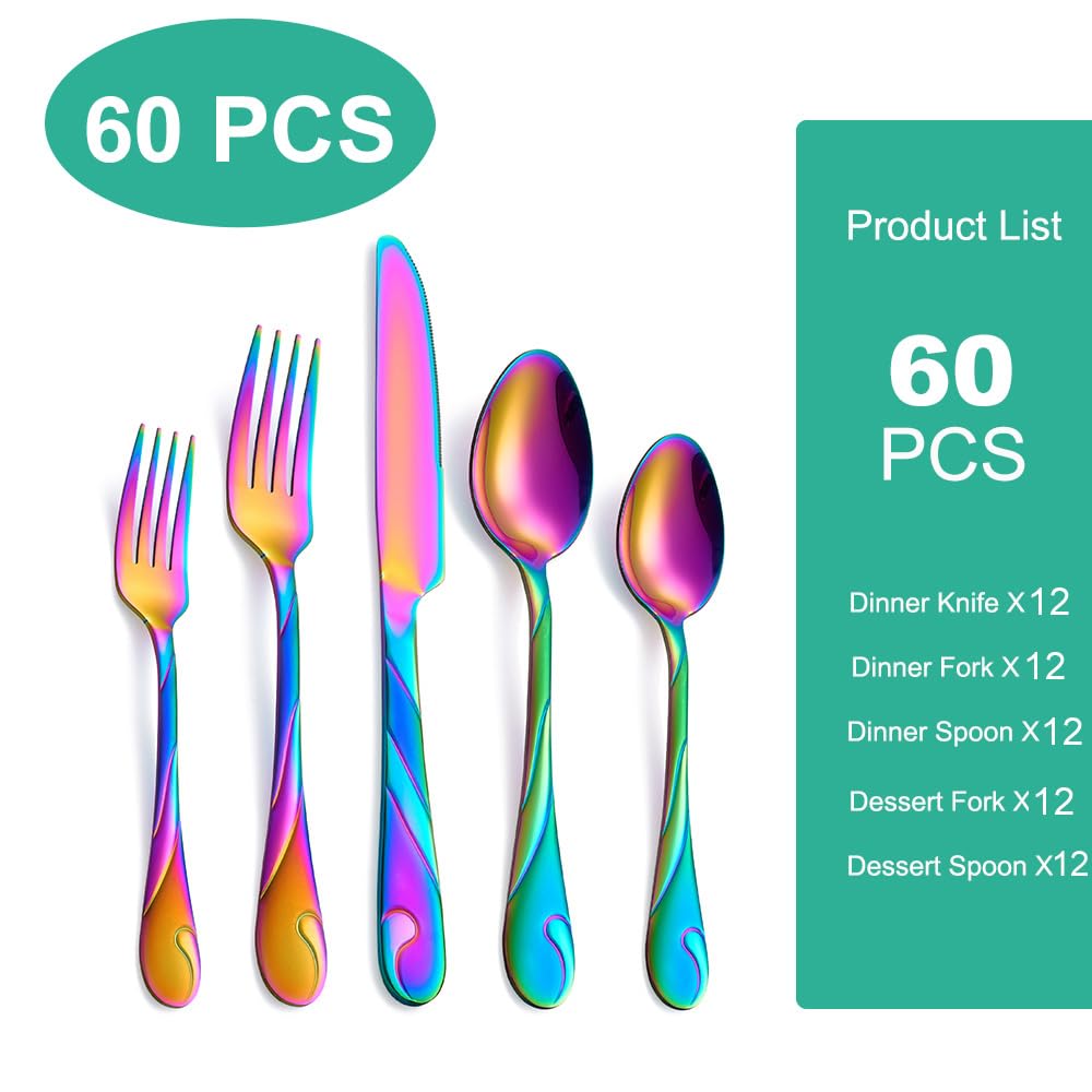 Rainbow Silverware Set, 60-Piece Stainless Steel Flatware Set