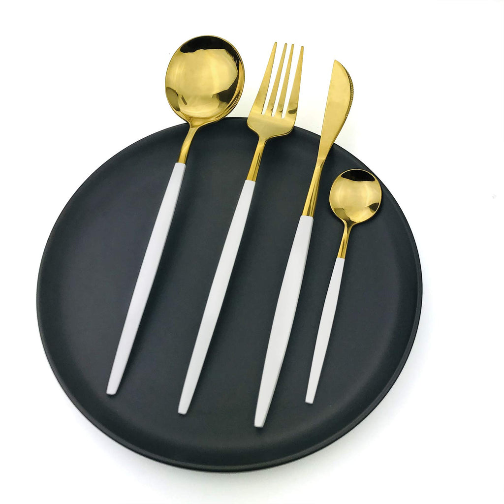 36-Pieces Silverware Mirror Polished Dinnerware Gold Flatware With White Handle, 18/0 Stainless Steel Cutlery Set