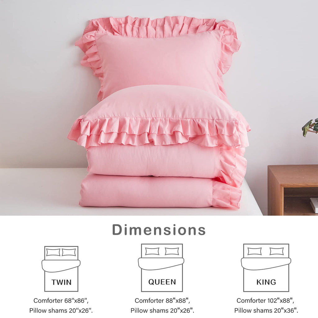 Pink Ruffle Comforter Set, 3 Pieces (1 Ruffled Comforter and 2 Pillowcases) Farmhouse Shabby Chic