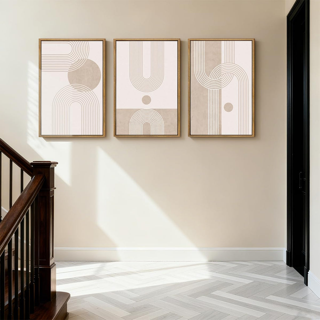 Neutral Boho Abstract Canvas Wall Art Set of 3 Framed Mid Century Modern Wall Decor Beige Geometric Line Artwork