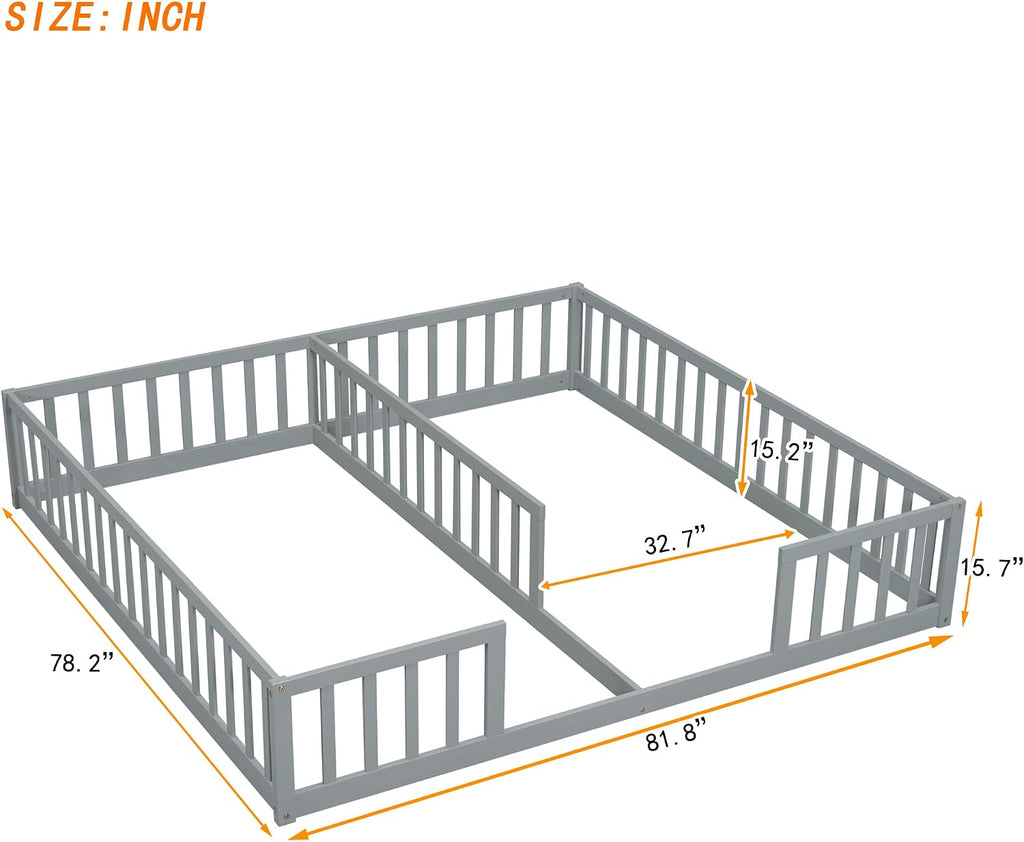 Double Floor Bed for Twins, Two Shared Beds, Floor Bed for 2 Kids, Double Bed with Guardrails for
