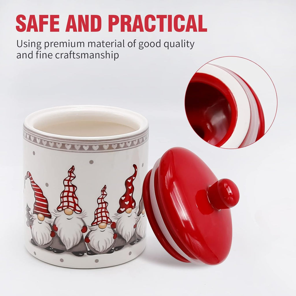 Christmas Cookie Jar, Red & White Ceramic Canister with Lid