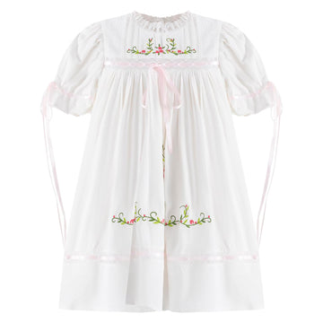 Girl Dress, Embroidered Floral Heirloom, Lace Crew Collar, Puff Sleeve, Cotton Kids Casual Clothing Pink