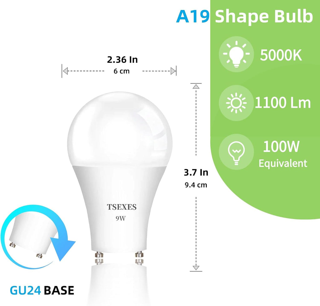 GU24 LED Light Bulb,9W(Equivalent 100 Watt),1100 Lumens,A19 Shape,4 Pack
