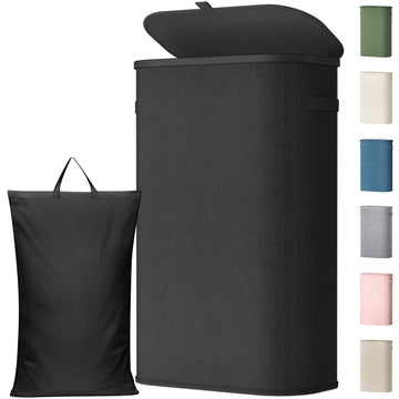 Slim Laundry Basket with Lid and Removable Bag, 65L, Black