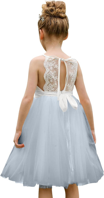 Lace Back Flower Girl Dress Kids Summer Wedding Birthday Hoilday Tea Party Dress