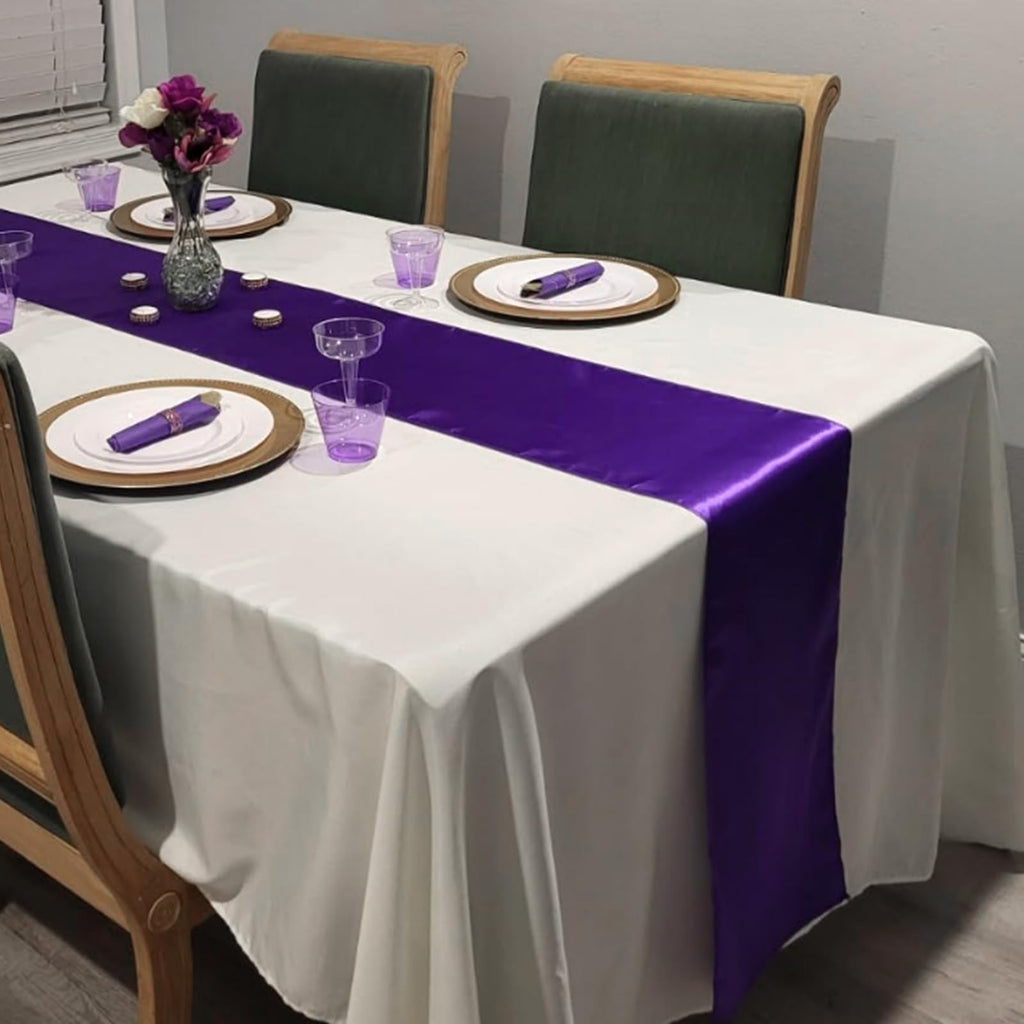 12Pack 12x108 Inch Satin Table Runner and 54x108Inch Plastic Tablecloths Set White Purple Disposable Rectangle Table