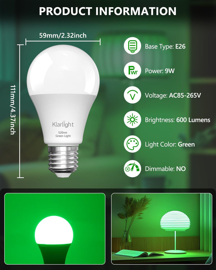 520nm Full Spectrum Green Light Naturally Relieves Stress, E26 9W Green Sleep Light Bulb or Reading Light, 60W