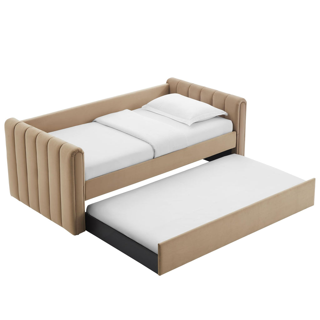 Veyla Twin Size Performance Velvet Daybed in Taupe with Trundle - Channel Tufted Upholstered Sofa Bed with Wood Slat