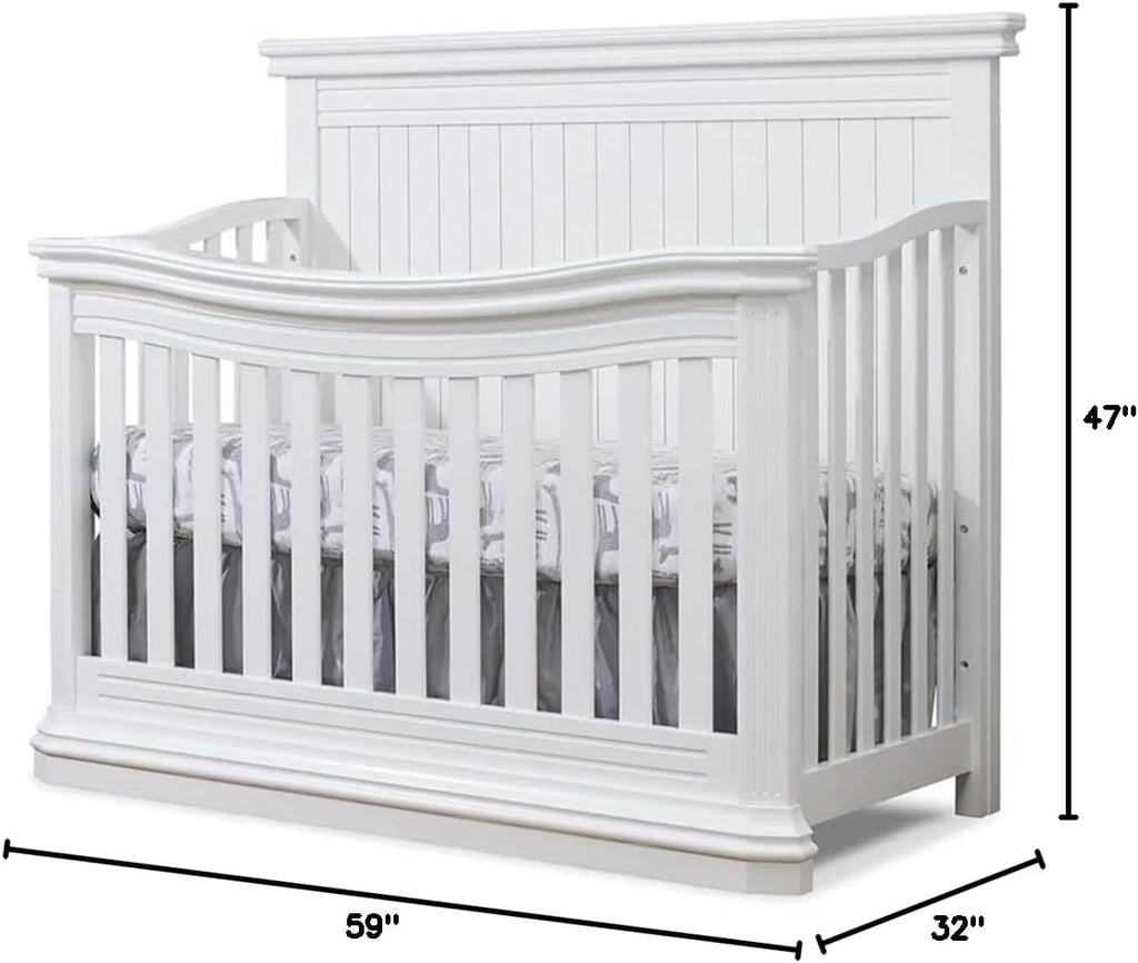 Modern Wood 4-in-1 Crib, White Finish, 47" H x 59" W x 32" D, Adjustable Mattress Heights, Converts to Toddler and