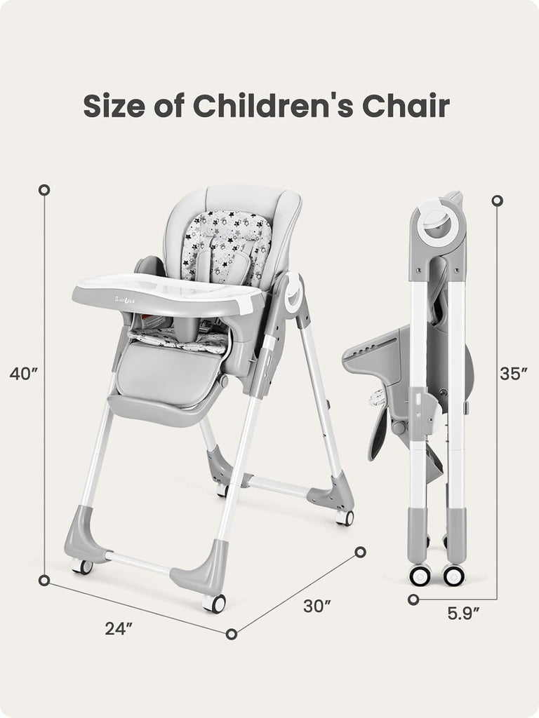Baby High Chair with Wheel, Adjustable Foldable Chair for Babies & Toddlers | 8-Level Height Adjustment, Adjustable