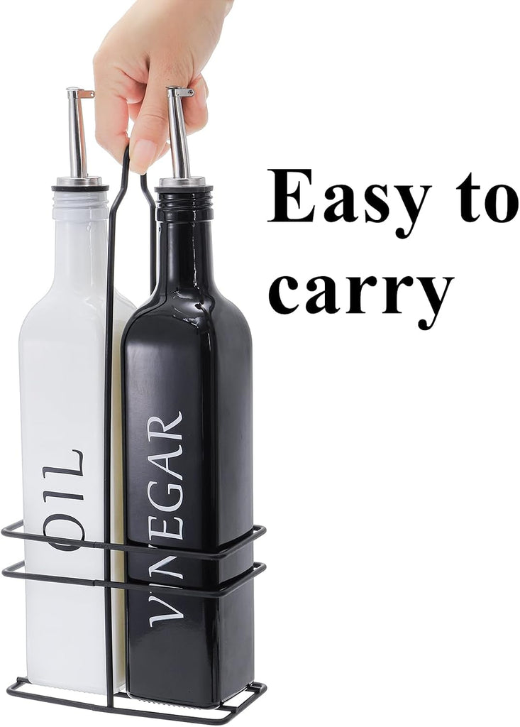 Oil and Vinegar Dispenser Set with Caddy Holder, 17oz Black & White Olive Oil Dispenser Bottle, Cute Modern - Set of 2