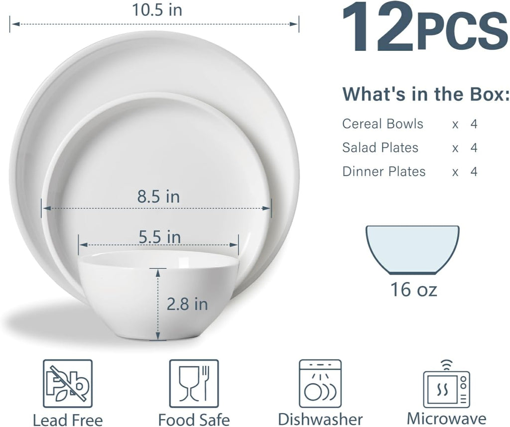 Plates and Bowls Set 12 Pcs,Stoneware Dinnerware Sets for 4 Microwavable,Oven & Dishwasher Safe Porcelain,Scratch