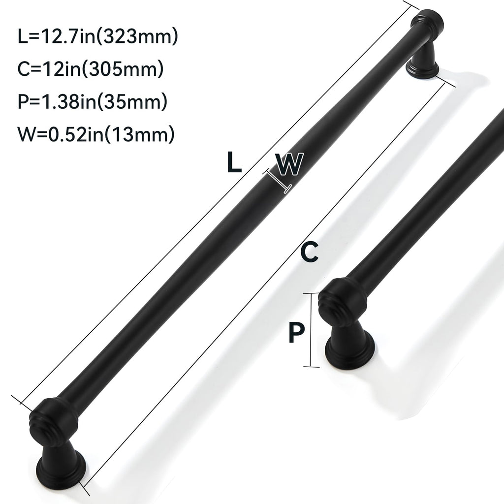 2 Pack 12inch(305mm) Center to Center Black Cabinet Pulls Handles for Cabinets Cupboard Solid Heavy Duty Matte Black