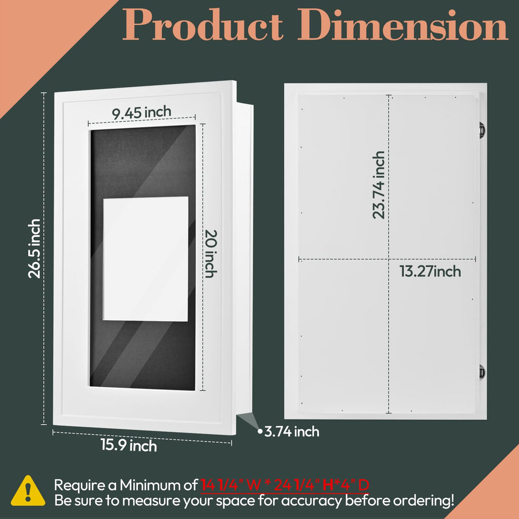 Concealed Medicine Cabinet 14×24 Recessed, Picture Frame Medicine Cabinet, Farmhouse White Wood Frame, 3 Shelves