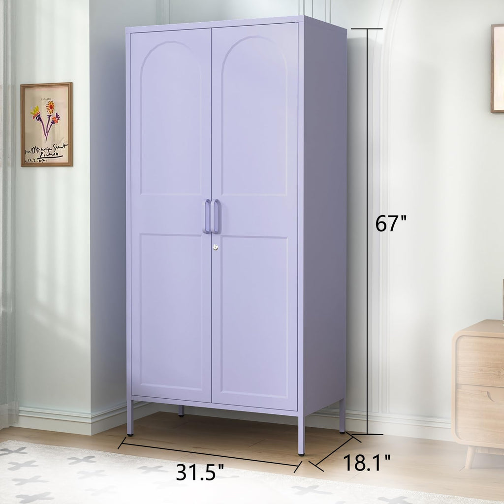 Purple Lockable Armoire Wardrobe Closet Storage Cabinet with Hanging Rod, 67" Metal Wardrobe Cabinet with 2 Doors and