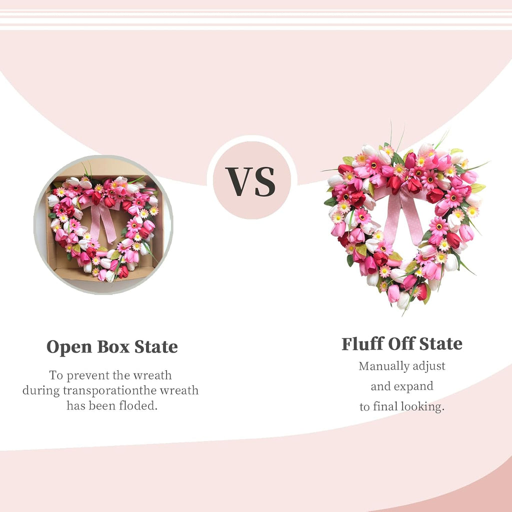 Valentine's Day Heart Shaped Tulip Wreath, 20 Inch Pink White Tulip Floral Wreath for Front Door, Artificial Flower