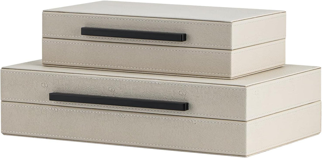 Shagreen Decorative Box, Modern Faux Leather Beige Decorative Storage Boxes with Lids and Metal Handles - Set of 2