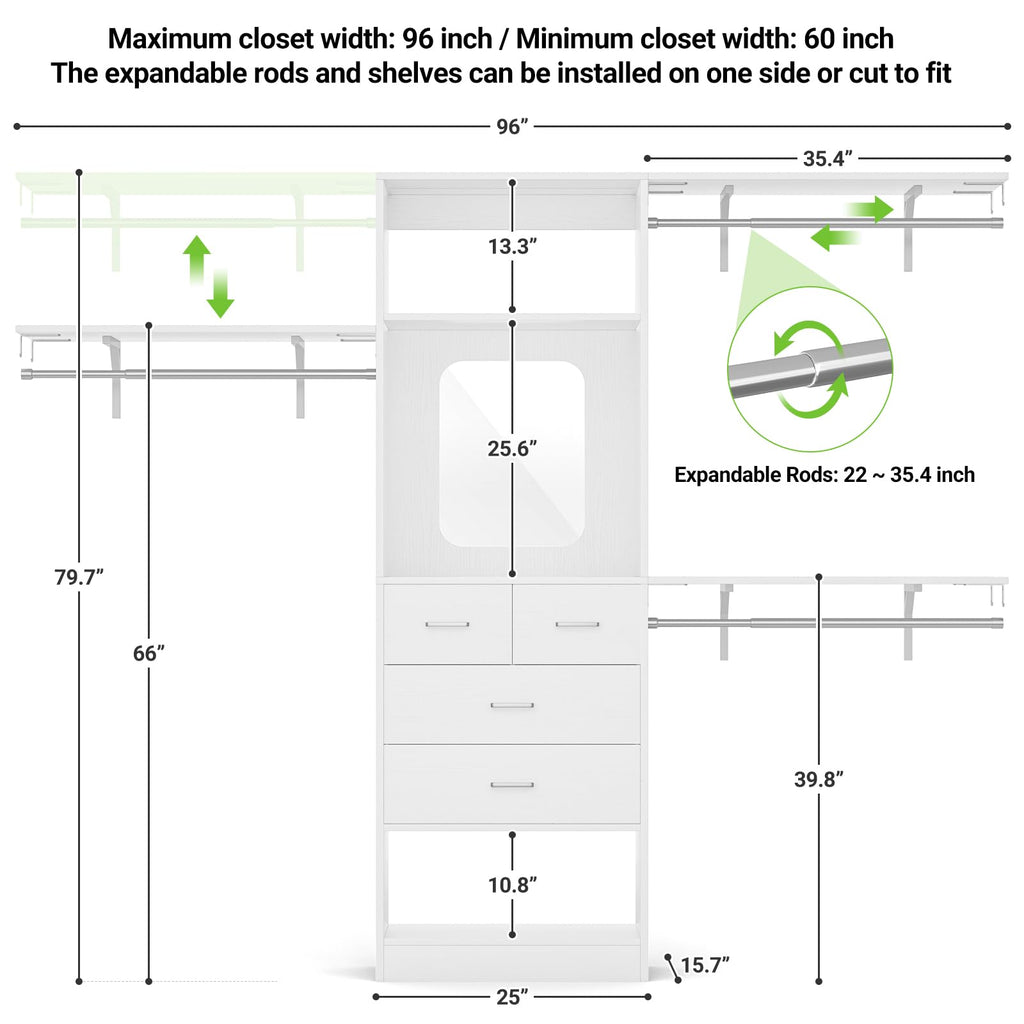 8FT Closet System with 4 Drawers, 96" Wood Closet Organizer with Mirror and Hanging Rods, Sturdy Walk in Wardrobe