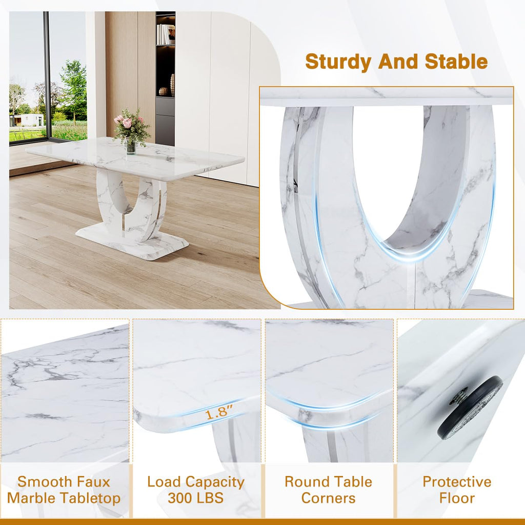 Modern Faux Marble Dining Table Set for 4, 63" White Rectangular Kitchen Table with Elegant U-Shaped Pedestal Base &