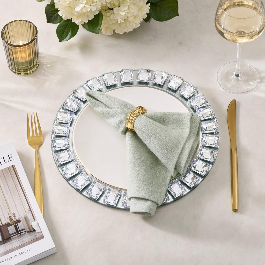 Silver Glass Charger Plates, Set of 4-13 Inch Round Mirror Chargers with Glass Mosaic Rim for Wedding Party Table