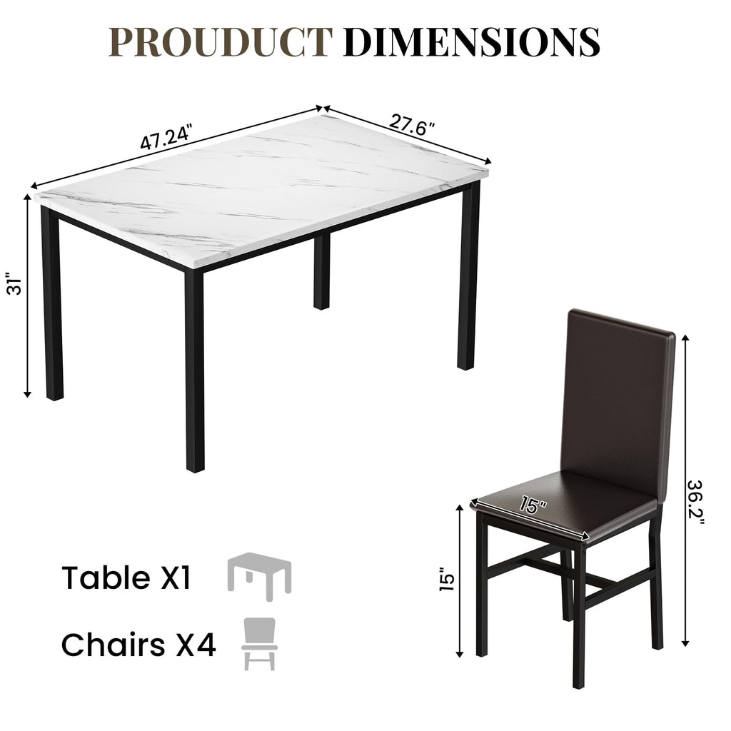 Dining Table Set for 4, Faux Marble Table and 4 PU Leather Chairs, Kitchen Table and Chairs for 4, Modern Dining Room