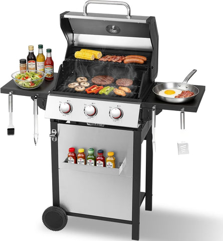 3-Burner Propane Gas Grill, 31,500 BTU Stainless Steel BBQ Grill with Foldable Side Tables and Cast Iron Grates for Patio, Backyard, and Camping