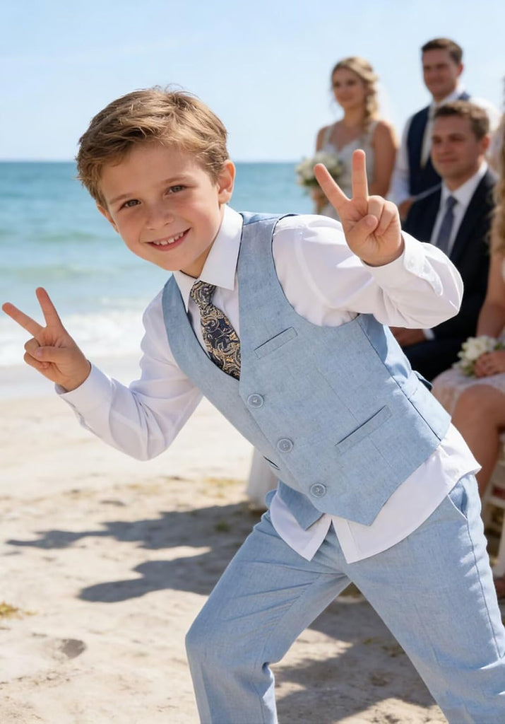 Boys Linen Suit 5 Piece Dress Tuxedo Kids Wedding Suits Vest Set