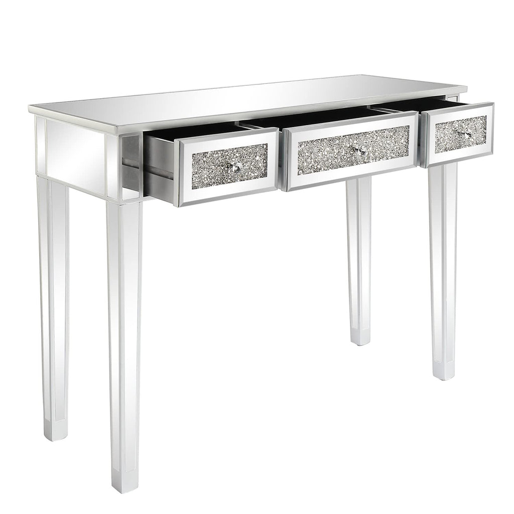 Silver Mirrored Vanity Desk, Makeup Vanity Desk, Glass Desk with 3 Drawers, Glass Vanity for Women Girls Bedroom