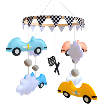 Felt Race Car Baby Crib Mobile, Wooden Hanging Nursery Decor for Baby Boys