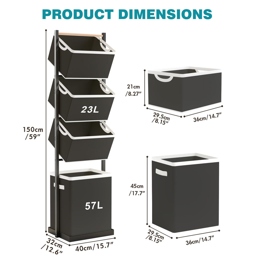 4-Tier Laundry Hamper Sorter, Vertical Laundry Sorter with Removable Basket