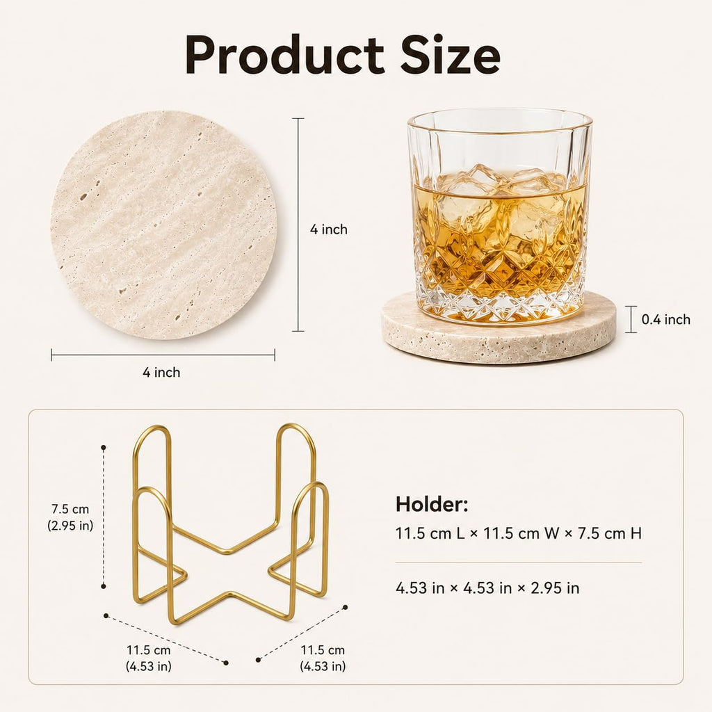Travertine Coasters with Gold Holder Natural Stone, Cork Backing - Set of 4