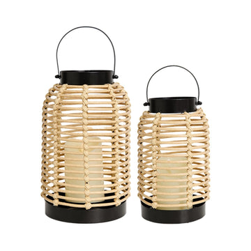 14in Lanterns Decorative Decor- Decorative Candle Lanterns w/ LED Candles- Boho Rattan Woven Hanging Black Lanterns